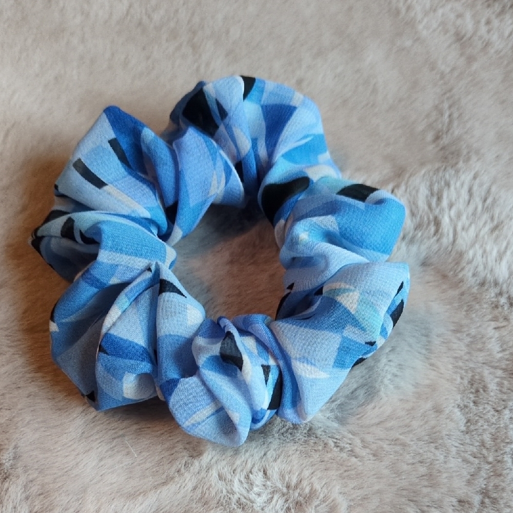 3/$20 Blue Geometric Print Hair Scrunchie in Shades of Blue